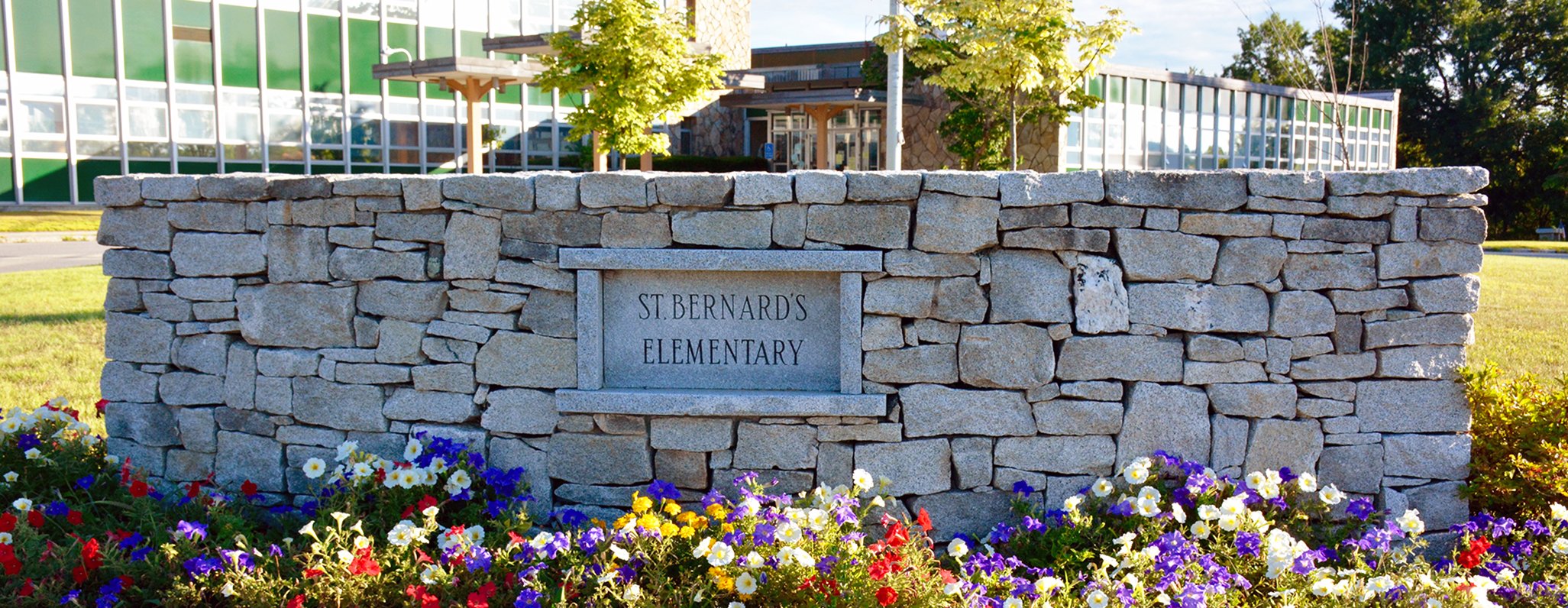 A stone sign with the words "Saint Bernards Elementary School" carved into it. There are flowers growing around the sign