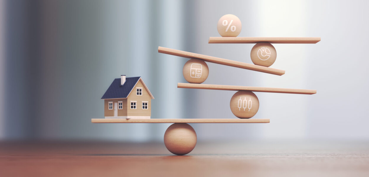3d Render Real Estate Trading and Wooden Balance Scale, Real Estate Buying and Selling Mortgage interest concepts, Depth Of Field