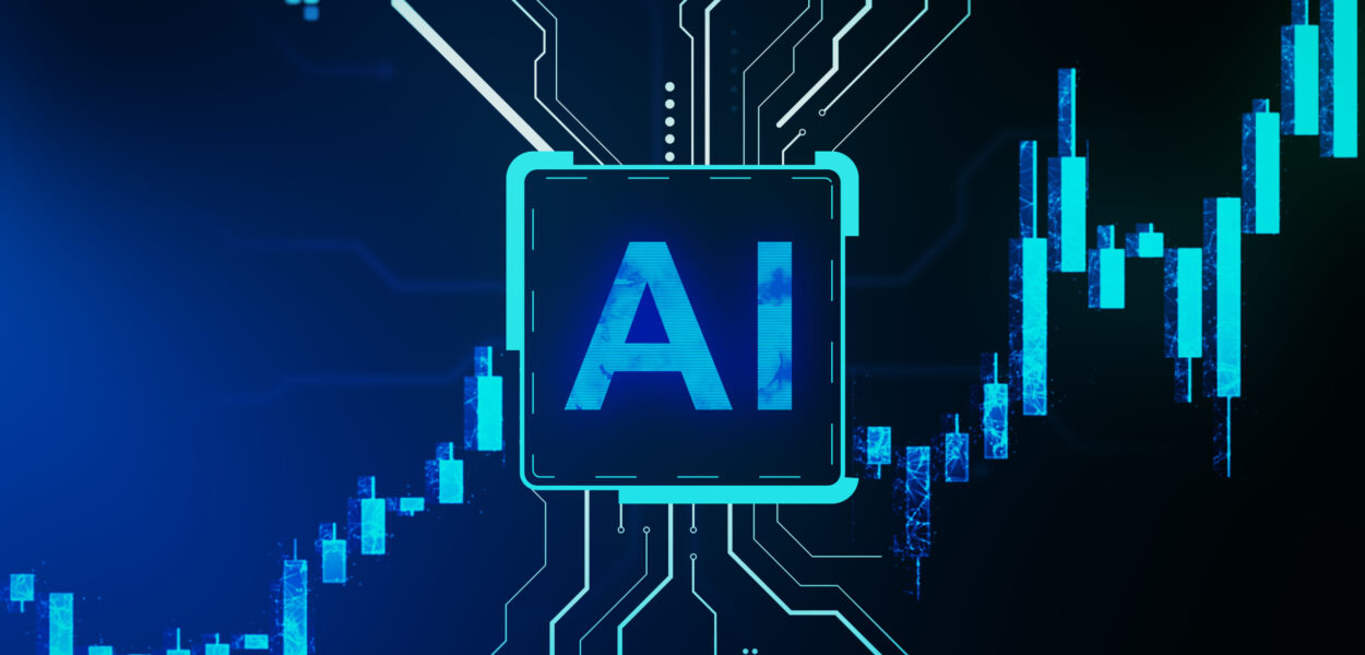 Futuristic AI chip with glowing circuits and stock market candlestick chart on dark background representing financial technology concept. 3D Rendering Glowing AI chip with digital circuits and rising candlestick charts on a dark background, representing finance and technology. 3D Rendering