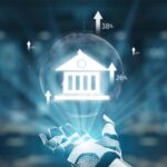 A futuristic robotic hand holds a transparent sphere featuring a bank icon and upward graphs, symbolizing the digital transformation of finance and economic growth