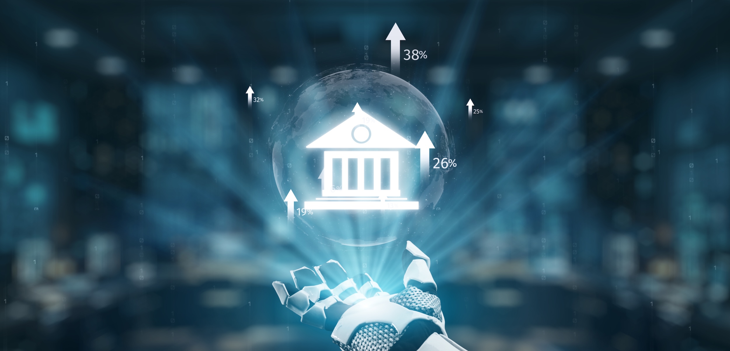 A futuristic robotic hand holds a transparent sphere featuring a bank icon and upward graphs, symbolizing the digital transformation of finance and economic growth