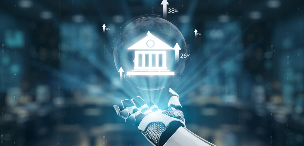 A futuristic robotic hand holds a transparent sphere featuring a bank icon and upward graphs, symbolizing the digital transformation of finance and economic growth. Auvana