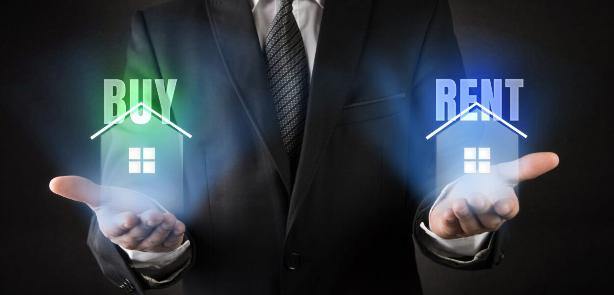 Businessman Holding Digital Buy and Rent Icons in Hands A professional businessman in a suit presenting glowing digital holographic icons of a house with Buy and Rent text. The green and blue glowing graphics symbolize real estate technology, digital investment platforms, and the strategic decision between property ownership and leasing in a modern financial market.