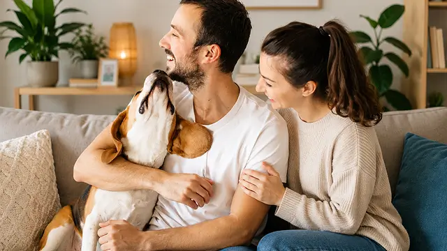 Man and women sitting on a couch hugging a small dog